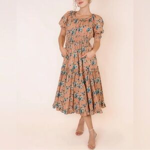 Ivy City Elena Floral Dress Midi Length with puff sleeves